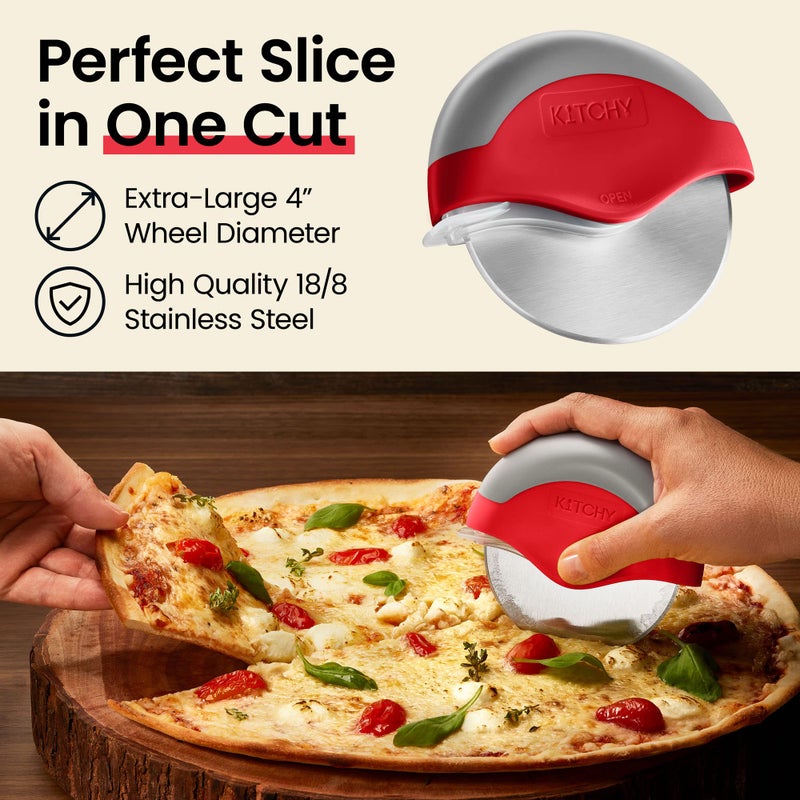 Kitchy Pizza Cutter Wheel with Protective Blade Cover, Ergonomic Pizza Slicer (Red) - Image 3